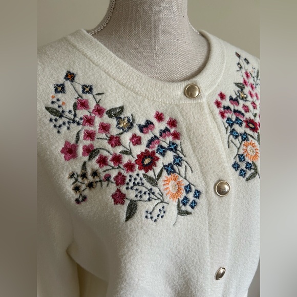 Anthropologie NVLT Button-Front Embroidered Knit Lady Jacket Ivory size L - Picture 3 of 10